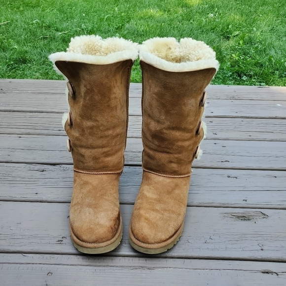 UGG Bailey Button Triplet Chestnut Suede Sheepskin Shearling Tall Fold Over Boot - Picture 6 of 10